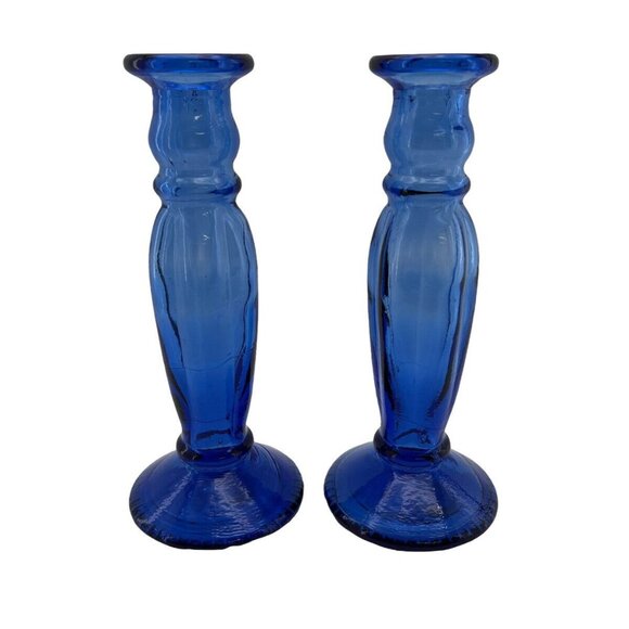 Vitrocolor Candlesticks Art Glass Spain Recycled Blue Opac Tapers Pair - Picture 1 of 10
